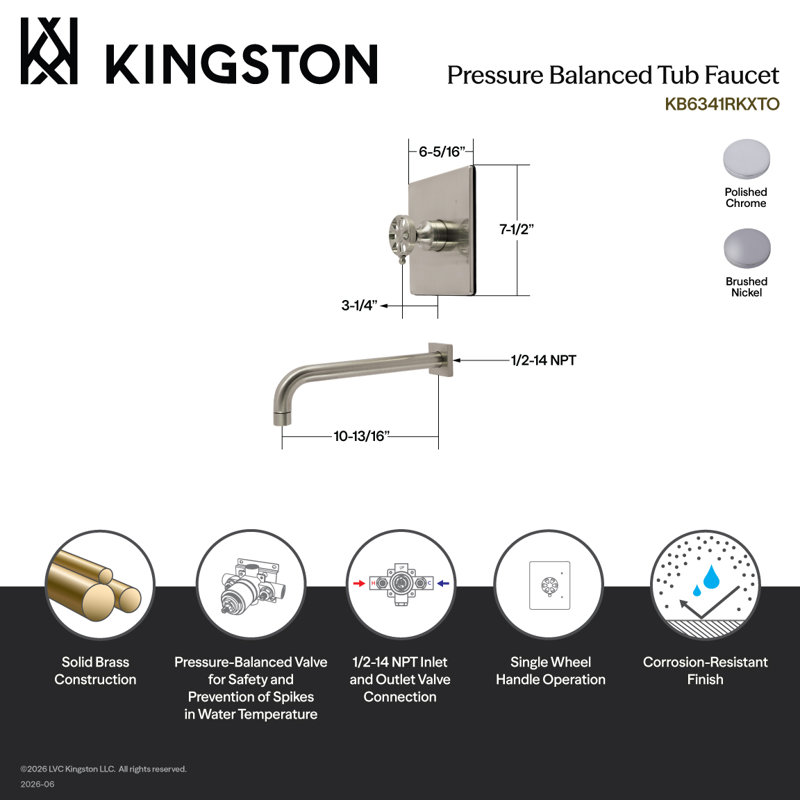 Robinet de baignoire à pression équilibrée à poignée simple Kingston Brass Kingston, Nickel brossé