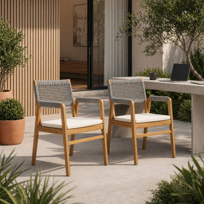 Ensemble de 2 chaises de salle à manger d'extérieur avec coussin de siège épais et résistant à l'eau, structure en bois d'acacia massif durable, dossier tissé en corde respirante, assise de patio résistante aux intempéries