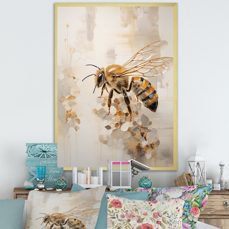 Minimalisme buzzing abeille sur toile, Encadrement doré, H 20 po x l 12 po x P 1 po
