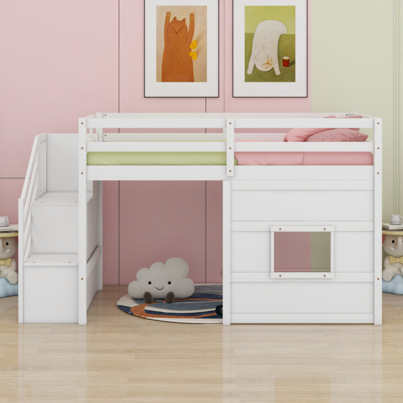 Loft Bed With Storage Staircase And Window, White