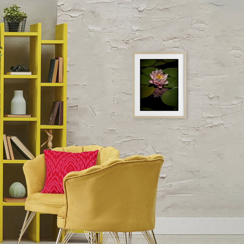 Rose lotus parmi des nénuphars, reproduction encadrée sous verre, conception de Phillip Flowers, Cadre de récolte en pin