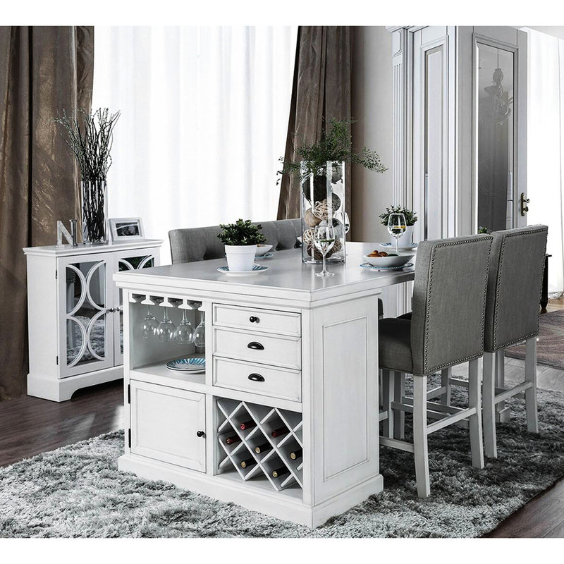 Ensemble de 2 chaises à hauteur de comptoir de style rustique blanc antique et gris avec dossier capitonné rétro pour salle à manger de 2 personnes et tissu classique
