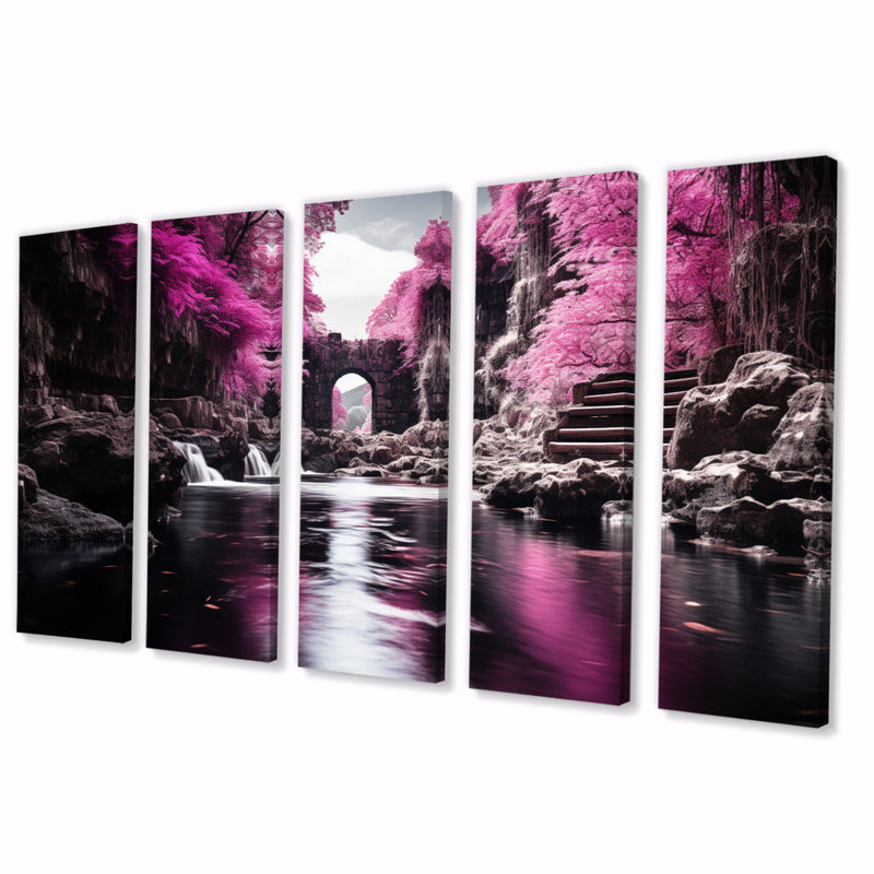«Pink Tree Waterfall Uncharted Journey II», impression sur toile de paysages - 5 panneaux égaux