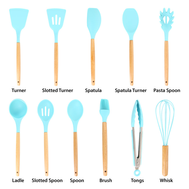 MegaChef Light Teal Silicone and Wood 12-Piece Cooking Utensil Set