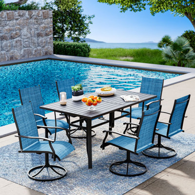 7 Piece Patio Dining Set, Outdoor Dining Table And Chairs Set For 6, 6 Swivel Chairs, 1 Iron Rectangular Table With Adjustable Umbrella Hole (1.57"-1.97"), Patio Furniture Set For Deck, Backyard, Lawn, Poolside, Brown/Gray/Blue