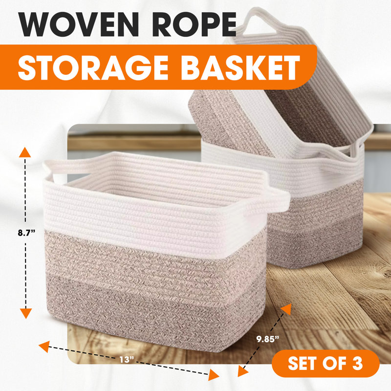  Storage Baskets Set of 3 Woven Cotton Rope, Tan