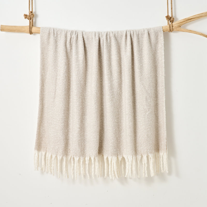Faux Mohair Throw - Soft Fringed Blanket, Beige