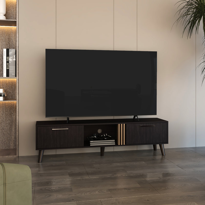 Meuble télé 63 po avec deux armoires escamotables et espace de rangement en chêne noir