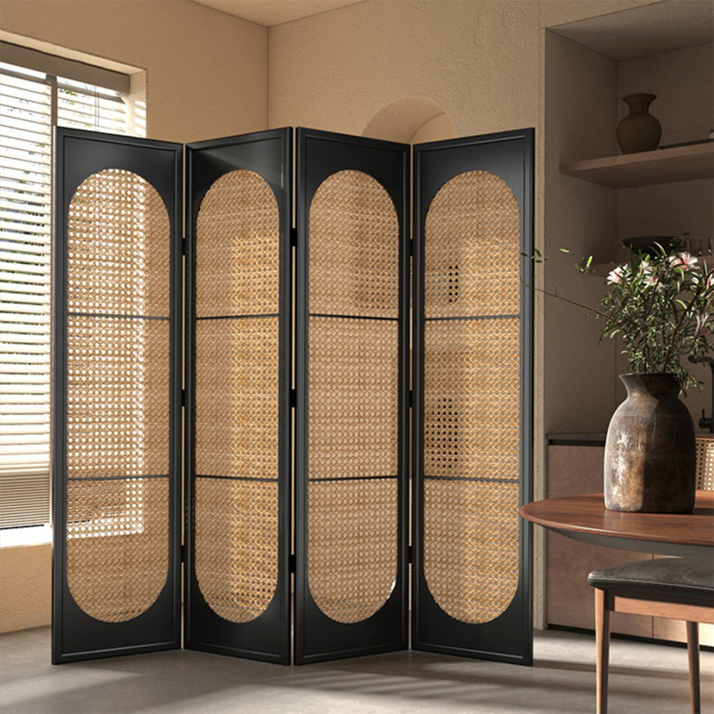 Cloison pliante 4 panneaux en bois massif noir et rotin, H 74,8 po x l 19,69 po x P 7,87 po