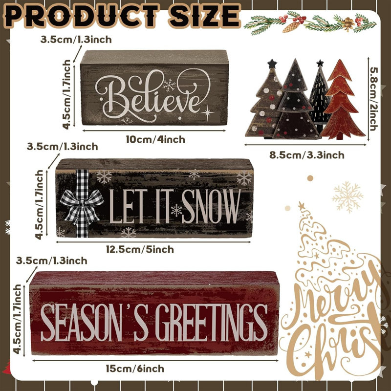 Lot de 4 panneaux décoratifs de Noël en bois pour table à étages | Style rustique avec inscription « Croire » et souhaits de fin d'année, à empiler pour décorer le foyer, la table ou le salon.