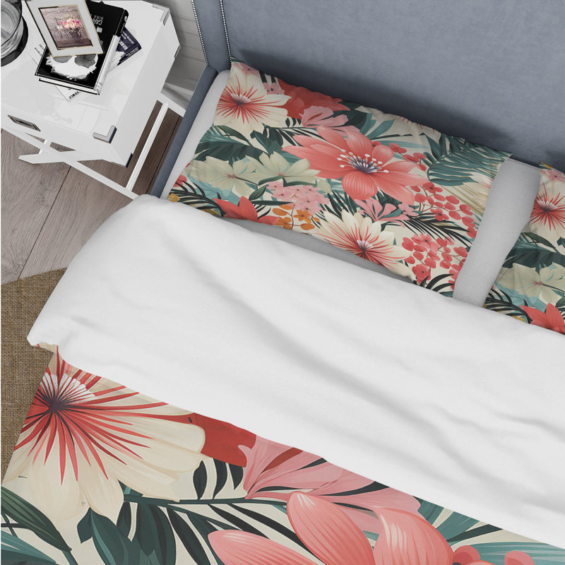 Ensemble de housse de couette rose à motif floral tropical et jungle I, Housse de couette pour très grand lit