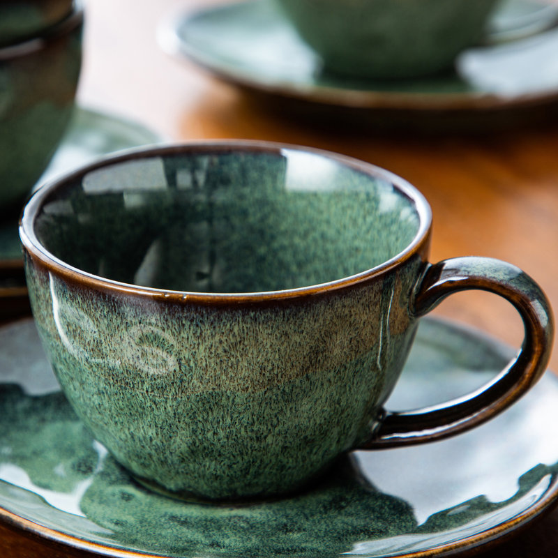 Stoneware Cappuccino Cup and Saucer, Forest Green