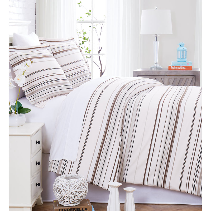 Coastal Stripes Collection Microfiber Reversible Duvet Cover Set, Full/Queen Duvet Cover + 2 Standard Shams, Taupe