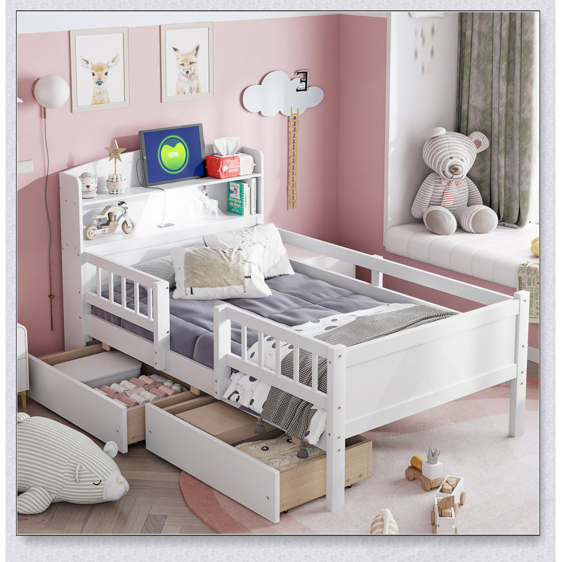 Lit plateforme simple en bois avec éclairage à DEL intégré, tête de lit multifonctionnelle et tiroirs de rangement pour les chambres modernes