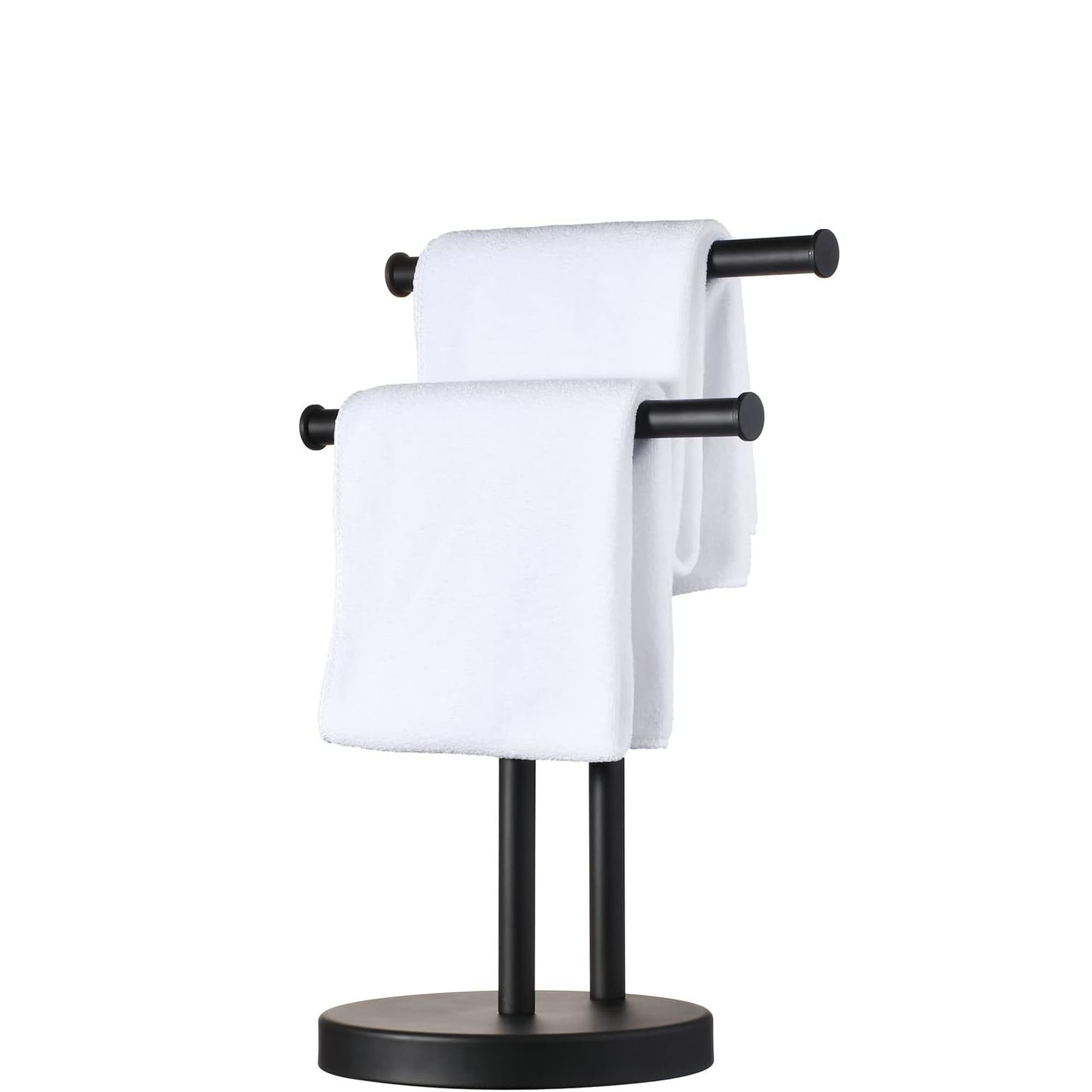 Freestanding Black Toilet Paper Holder Stand with Wood Base and Shelf