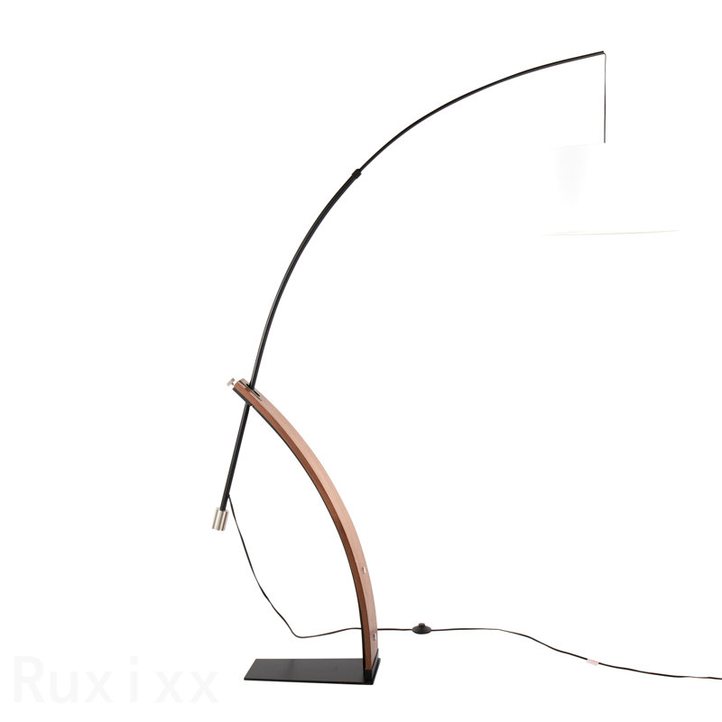 Lampe sur pied Mid-Century moderne en bois de noyer et métal noir avec abat-jour en lin blanc par Lumisource