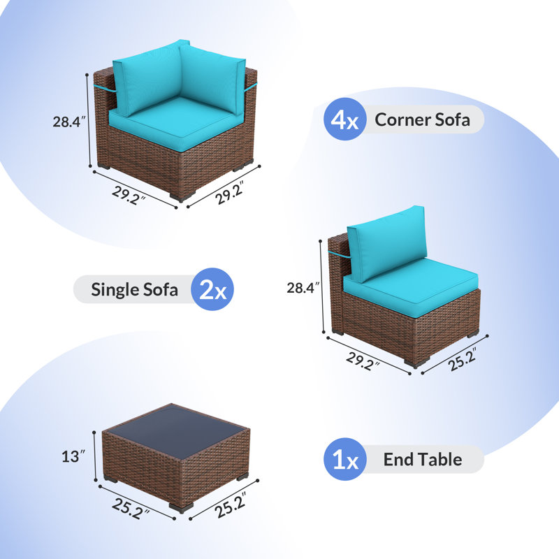 Mecayla 7 Piece Rattan Sectional Seating Group with Cushions, Sky Blue