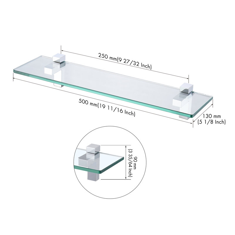 Eunson 19.7'' Floating Bathroom Glass Shelf Tempered Glass Rectangular Extra Wall Mount Polished Chrome, Polished Chrome