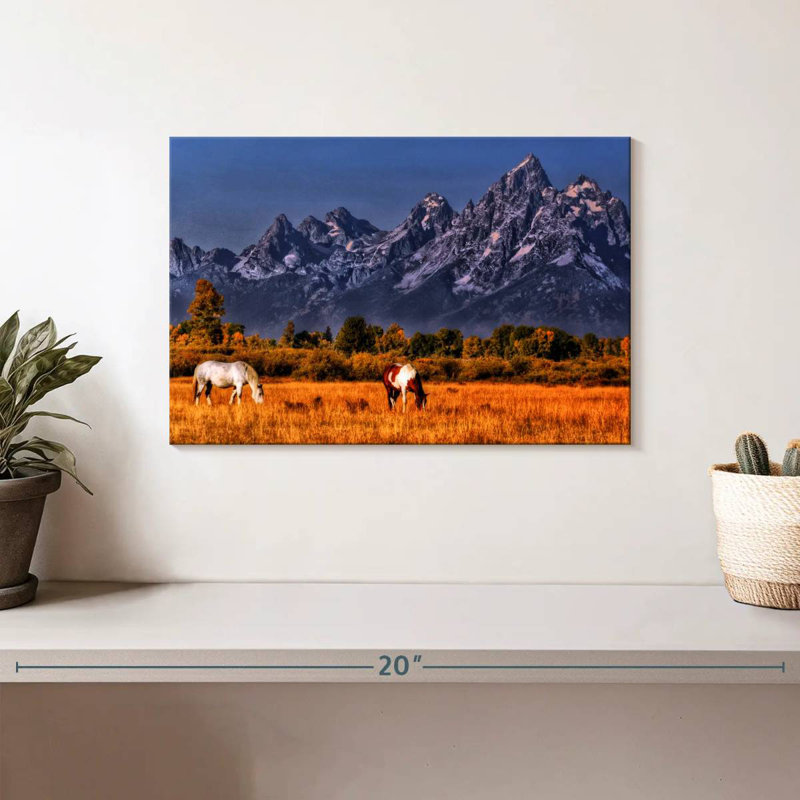 Chevaux d'Alvord broutant à Grand Teton, H 8 po x l 12 po