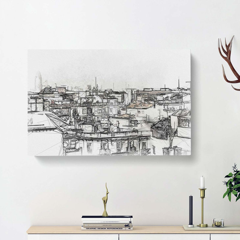 Rooftops in Barcelona Spain in Abstract - Wrapped Canvas Drawing - Wrapped Canvas, 60cm H x 91cm W x 3cm D