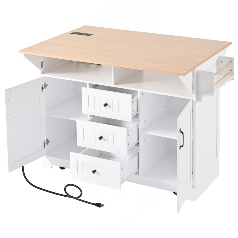 55.7'' Large Kitchen Island with 2 Drop Leaf,, Rolling Kitchen Cart on 5 Wheels with Power Outlet, Folding Storage Dining Table with Spice & Towel Rack , 3 Drawers, for Kitchen, Dining Room