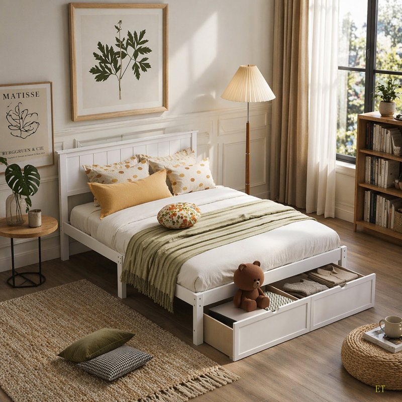 Platform Bed With Under-Bed Drawer, White, Full