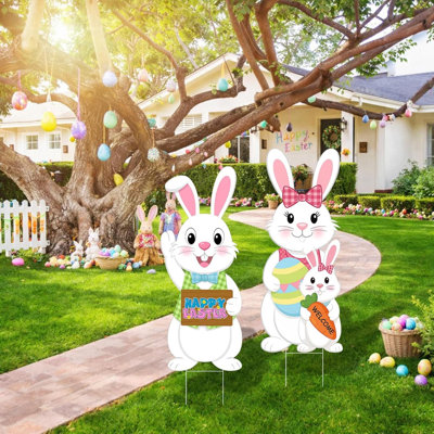 Panneaux de Pâques de Pâques 2 pièces avec piquets, lapin, carotte, décorations de fêtes extérieures, panneaux de bienvenue pour la fête de Pâques, articles de fête, décoration de jardin
