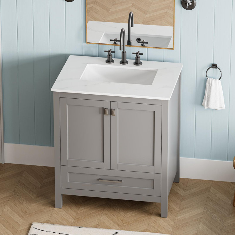 Meuble-lavabo de salle de bain 30 po avec lavabo, meuble-lavabo entièrement assemblé avec comptoir en marbre (pré-assemblé)