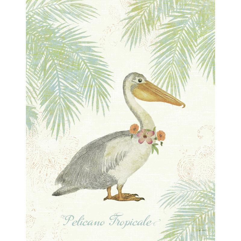 Pélican tropical, collier de fleurs, crevettes de palmier, fougère, bord de mer, oiseau, H 16 po x l 24 po x P 1,5 po