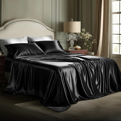 Bedsure Black Satin Sheet Set Full Size - 4 Piece Silky Bedsheets with 15" Deep Pocket (Full, Black)