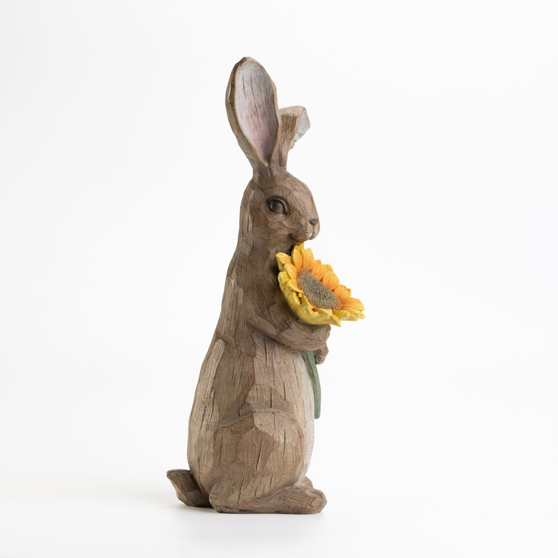 Statue de lapin fantaisiste à longues oreilles 11 po avec tournesol - Faux grain de bois peint à la main pour décor de maison de campagne