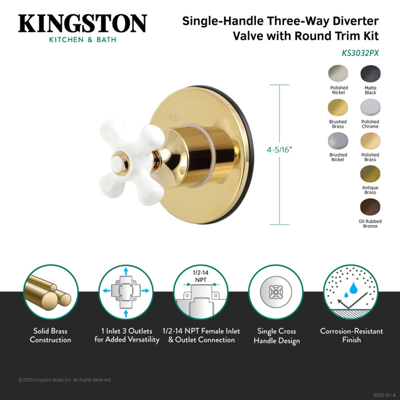 Kingston Brass Single-Handle Wall Mount Three-Way Diverter Valve with Trim Kit, Polished Chrome