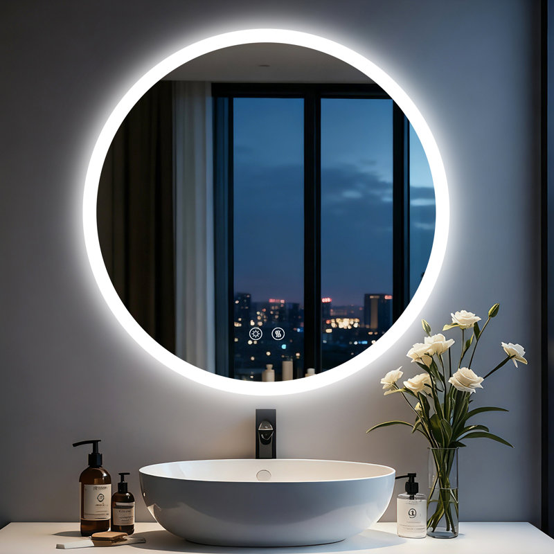 Round Lighted Wall Mounted Bathroom Mirror, 80 cm H x 80 cm W