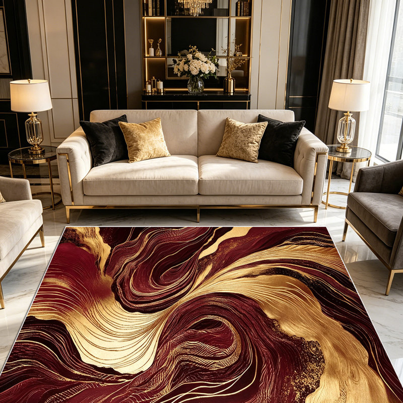 Tapis à motif abstrait tourbillon fluide 1pc bourgogne doré pour le salon, doux et confortable, convient à toutes les saisons, facile à entretenir, lavable à la machine, tapis de dessous de table convenant à la table à manger, à la chambre à coucher, au vestibule de la cuisine, à la maison