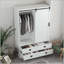 Armoire haute avec porte suspendue, tiroirs et tablettes ouvertes