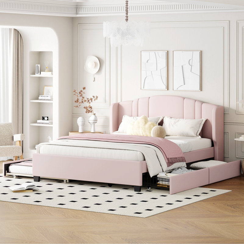 Upholstered Wingback Platform Bed With Trundle And Drawers, Pink