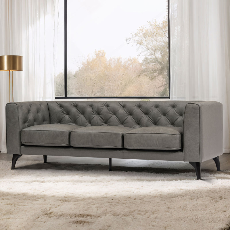 92.52 Inch Genuine Leather Couch 3-Seater Sofa with Tufted Back,Grain Leather Couch with Feather, Graphite