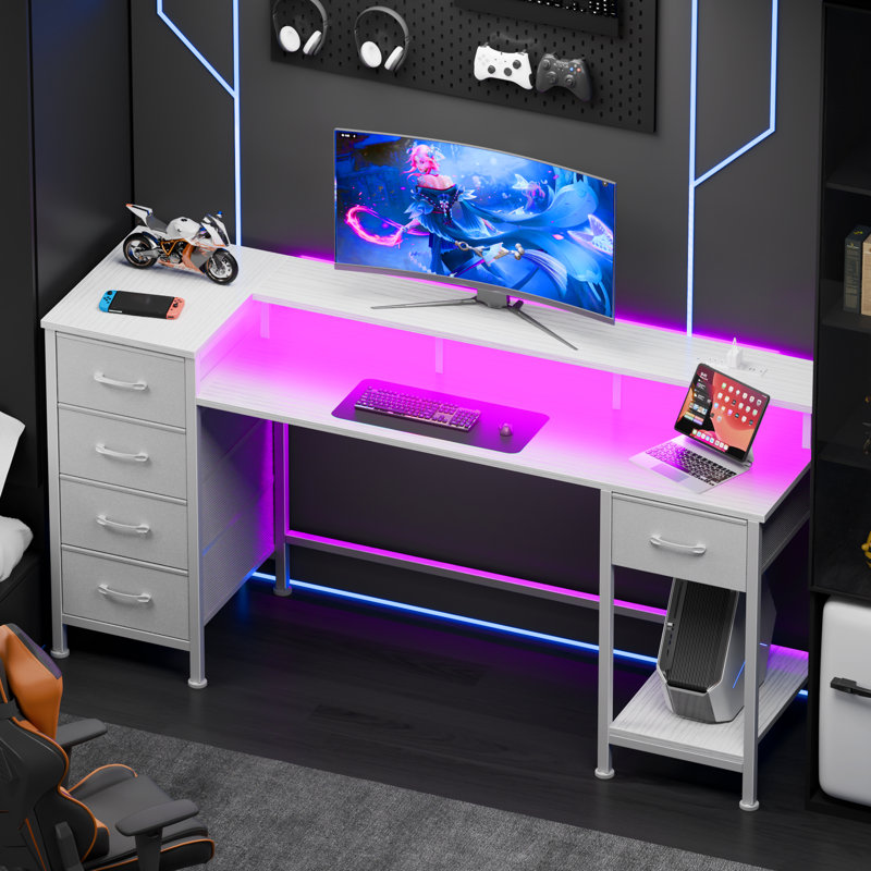 Computer Desk with Monitor Stand & Charging Station, Gaming Desk with LED Lights & Drawers, 29.8" H x 55.1" W x 18.8" D