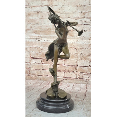 Trumpeting Winged Angel Fairy Garden Statue Bronze Sculpture Signed Art 15 Inches X 10 Inches