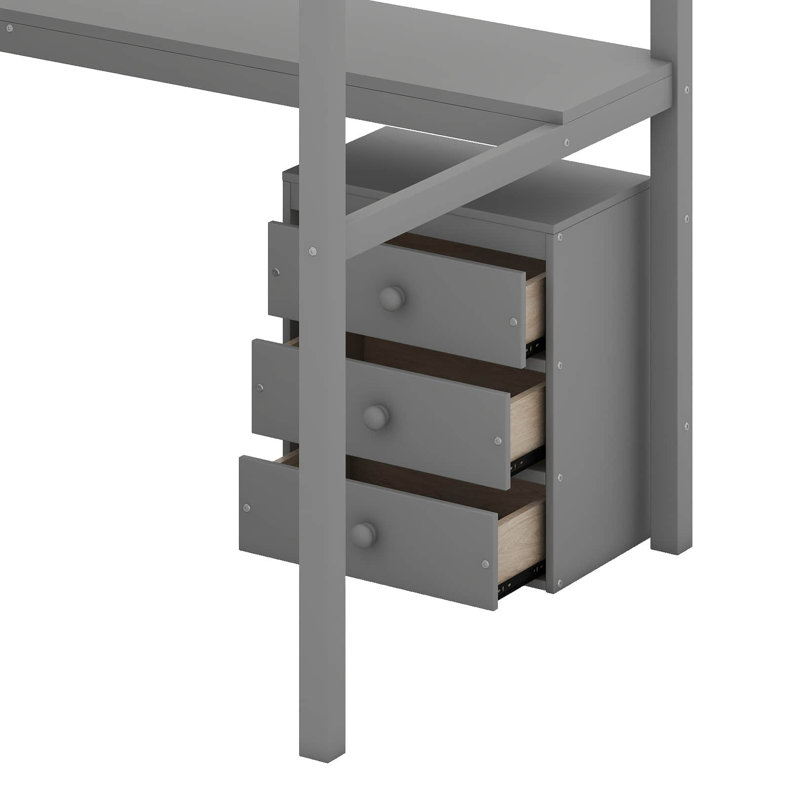 Twin Size Loft Bed Frame With Storage Staircase, Desk, 2-Storage Chest With Drawer, LED, Gray
