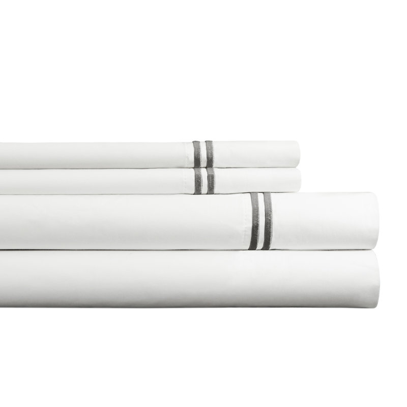 Pointehaven 300 TC Percale 100% Long Staple Cotton Double Satin Stitch Oversized Sheet Set, King Sheet Set, White/Charcoal