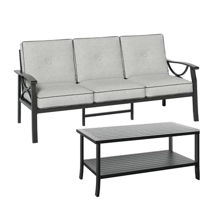 2 Piece Outdoor Patio Set, 70” All-Weather Metal 3-Seat Metal Patio Sofa and Rectangular coffee Table , Black Frame with Gray Cushions