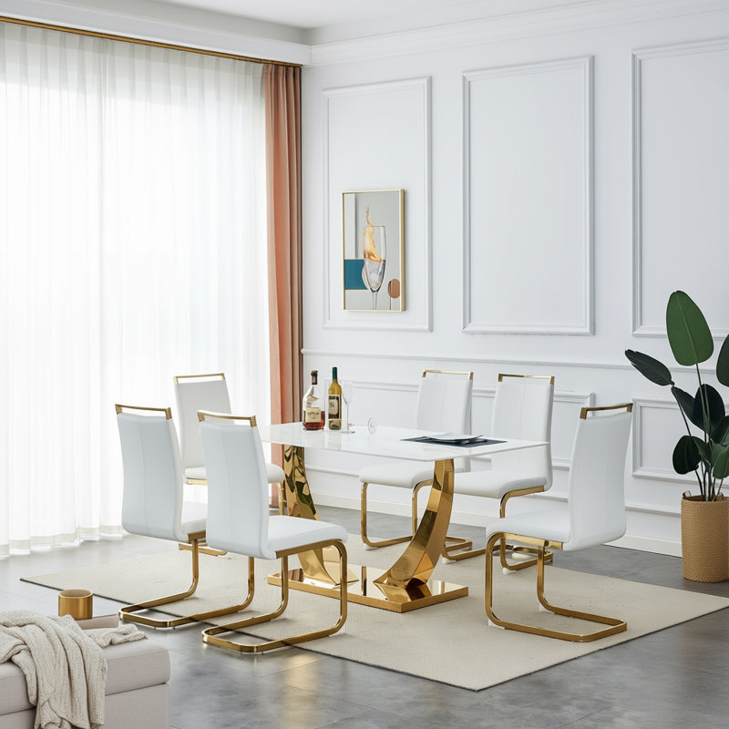 Aurora Morden Mid-Century 63" Rectangular Dining Table Set with Faux Leather Chairs, White, White