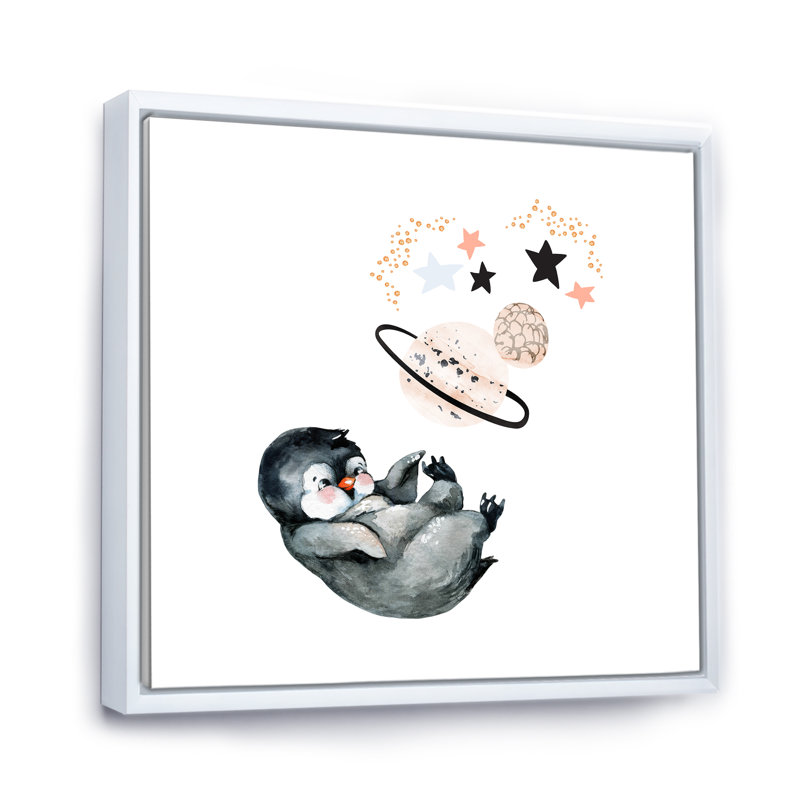 Mignon petit pingouin - peinture, H 30 po x l 30 po x P 1 po, Cadre flottant blanc