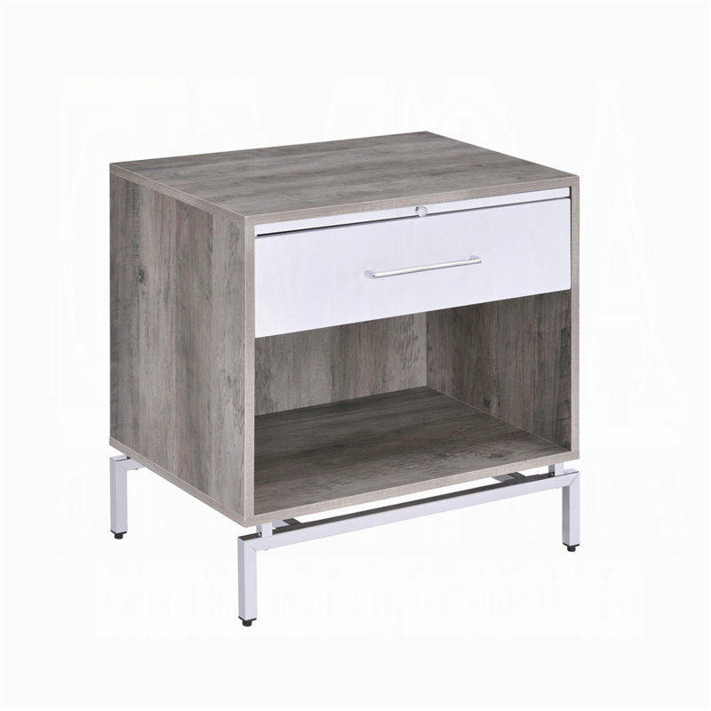Contemporary Two-Tone Drawer Nightstand with Open Shelf and Pull Tray, Ideal for Bedroom Storage and Organization.