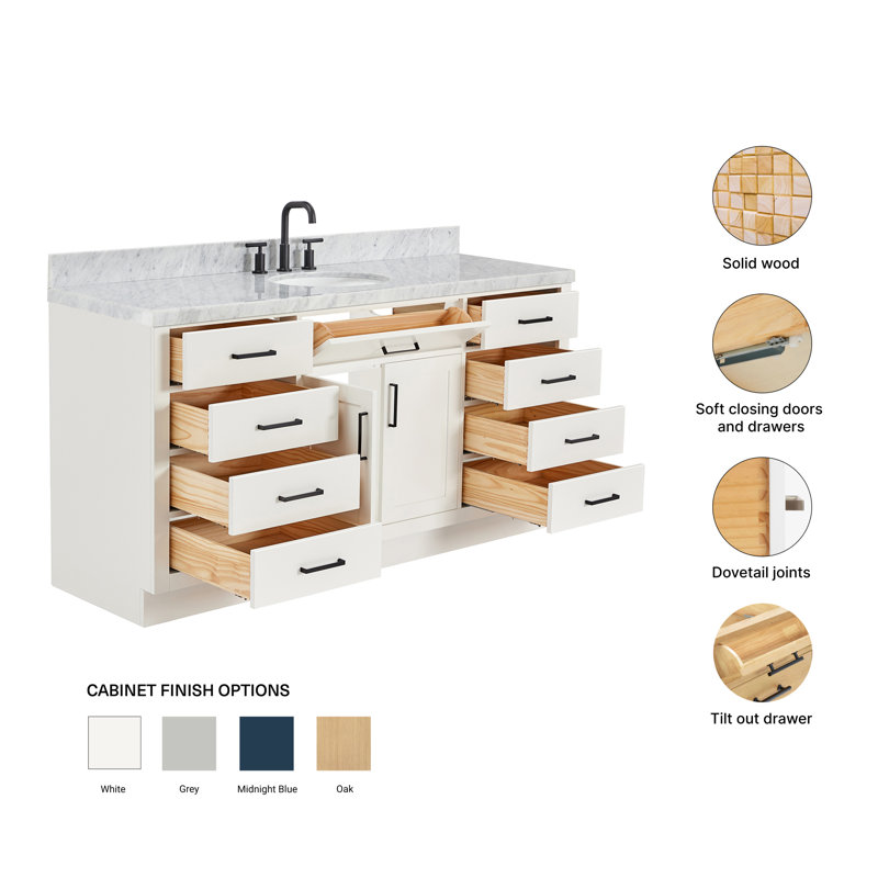 Meuble-lavabo simple en bois massif 66 po avec plateau en marbre de Carrare Tidworth, Blanc, Ovale