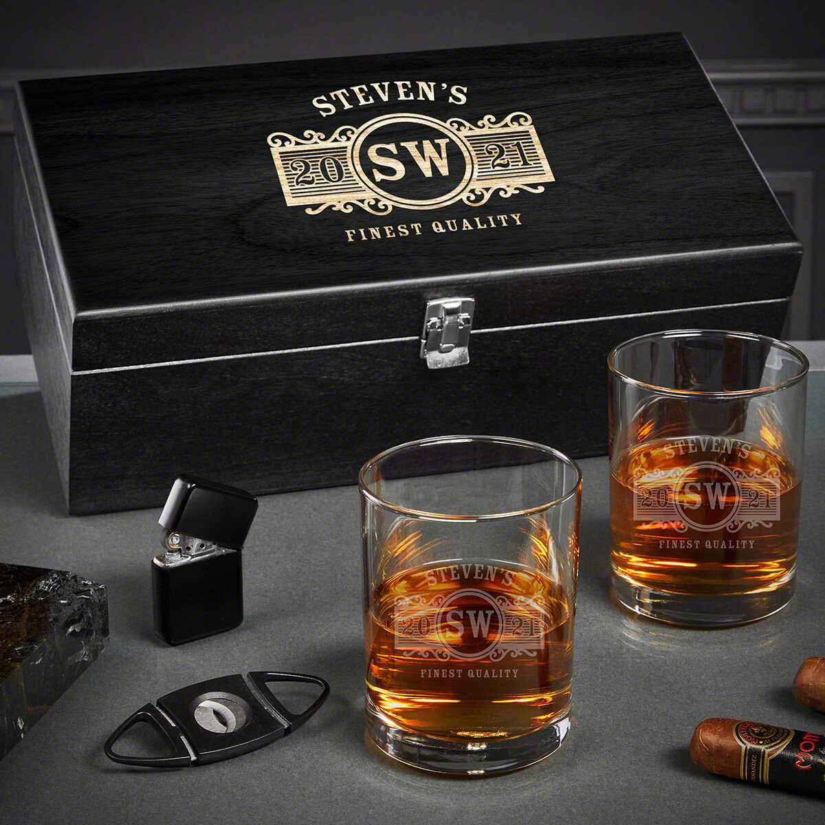 MARQUEE Engraved Glasses and Stones Box Set, Size: One Size