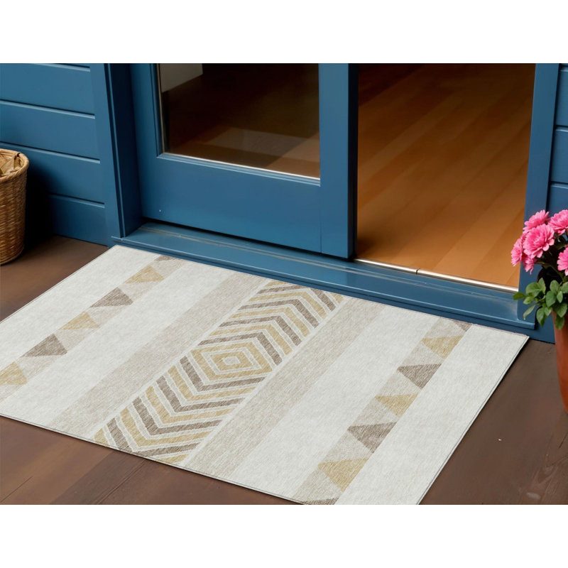 3' X 5' Ivory Beige And Taupe Southwestern Washable Indoor Outdoor Area Rug