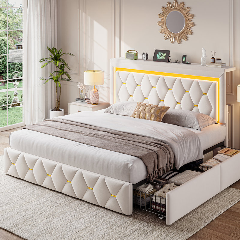 Lit tapissier avec 4 tiroirs de rangement, tête de lit réglable, lumières DEL et station de charge, Double, Beige
