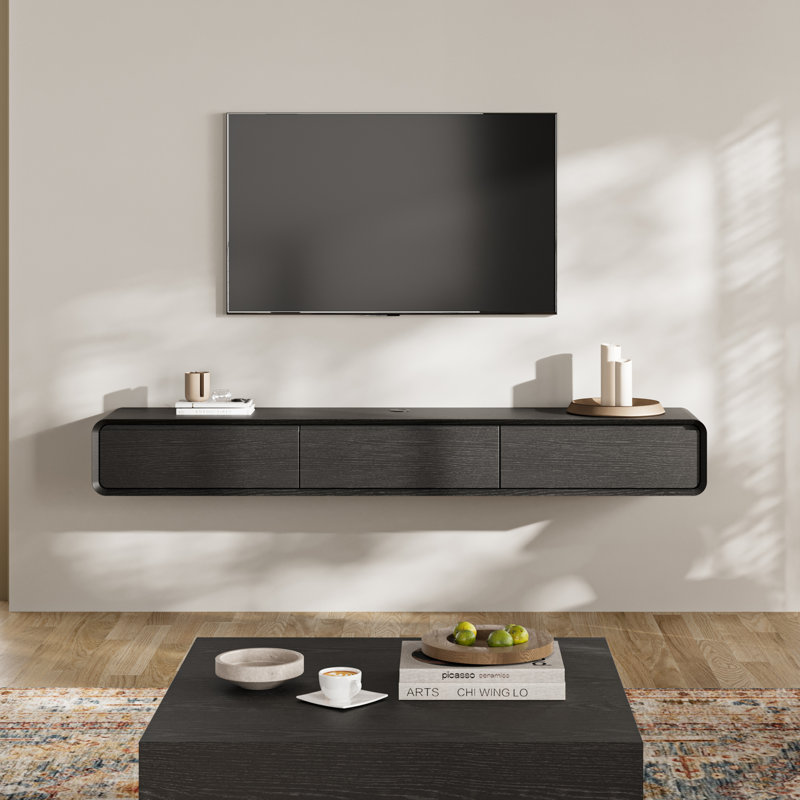  Floating TV Stand, Entertainment Center with 4 Drawers, Solid Wood, Fully-Assembled, Black, 62.99''